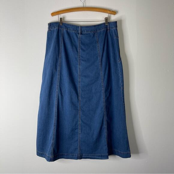 Blue denim button western prairie cottagecore stretchy jean midi maxi skirt 16 - Picture 4 of 6